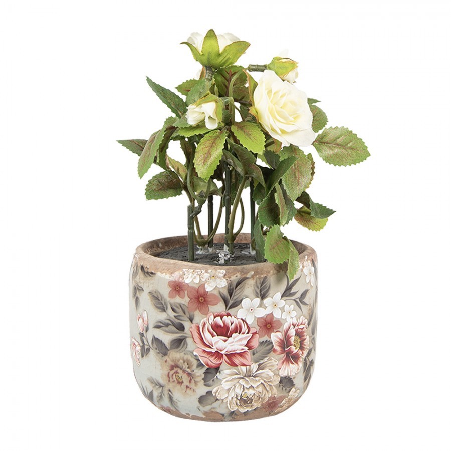 Zelený keramický dekorační květináč s květy Floria XS - Ø 8*7 cm