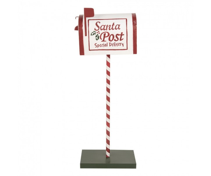 Bílo-červená kovová dekorace schránka na podstavci Santa Post - 19*33*92 cm
