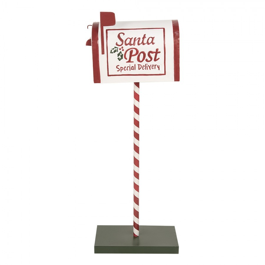 Bílo-červená kovová dekorace schránka na podstavci Santa Post - 19*33*92 cm