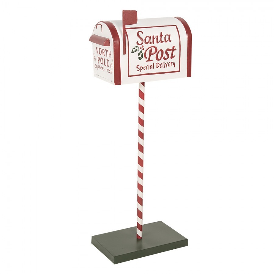 Bílo-červená kovová dekorace schránka na podstavci Santa Post - 19*33*92 cm