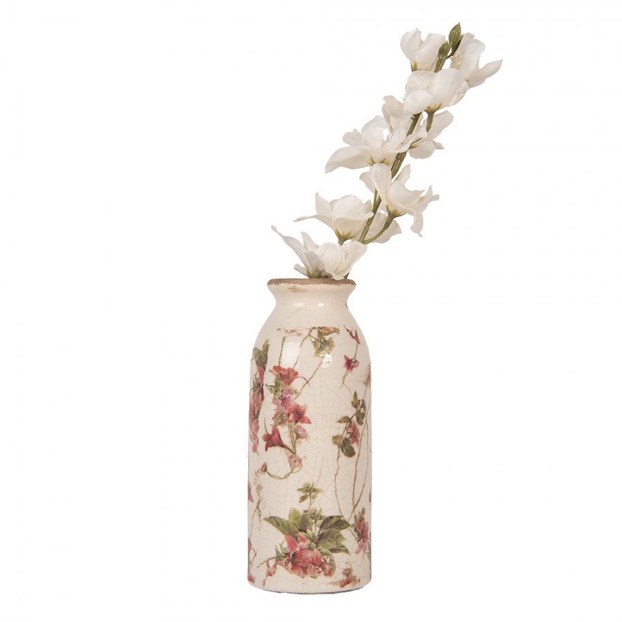 Béžová antik keramická váza s květy Lilie - Ø 8*20 cm