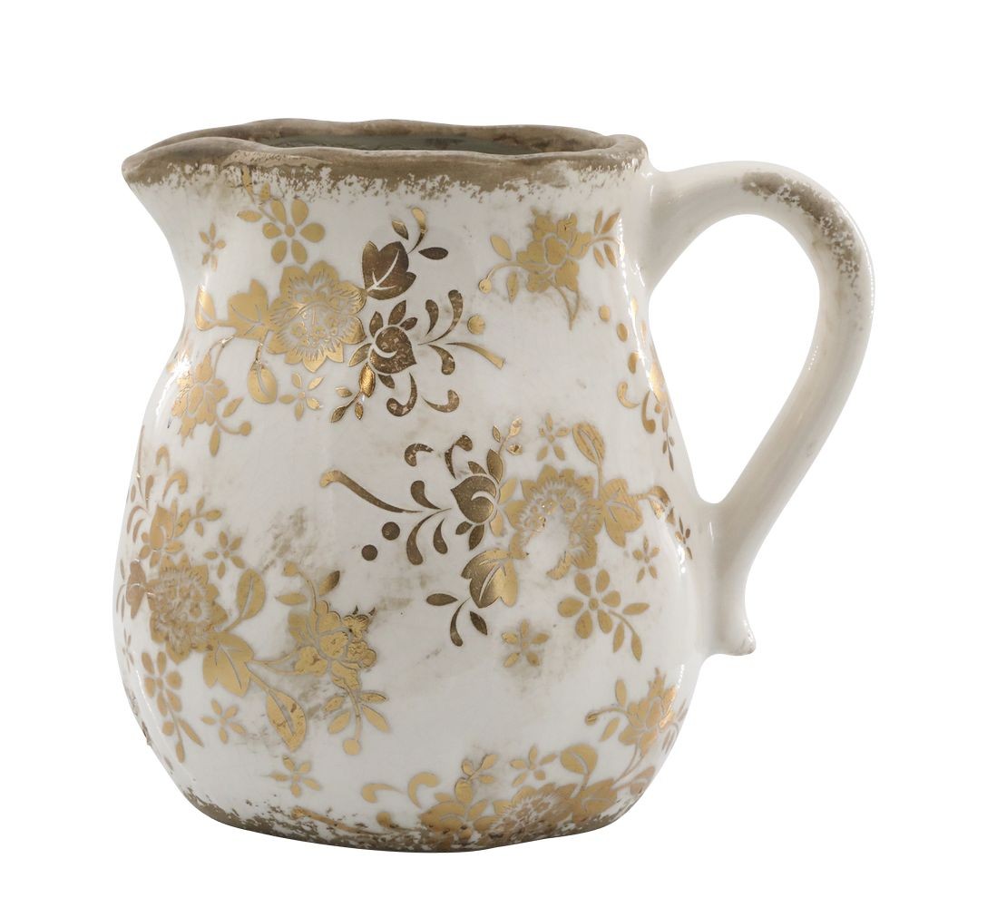 Béžový baňatý keramický džbán se zlatými květy Melun gold - 13*16 cm