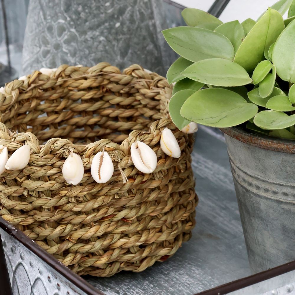 Košík z mořské trávy zdobený mušlemi Shells - Ø 9*13 cm