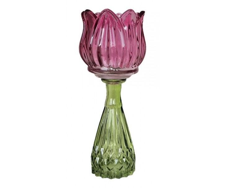 Tmavě růžový skleněný svícen/ váza tulipán Love Tulip - Ø 7*18 cm