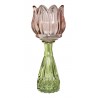 Pastelově růžový skleněný svícen/ váza tulipán Love Tulip - Ø 7*18 cm Barva: pastelově růžová, zelenáMateriál: sklo
