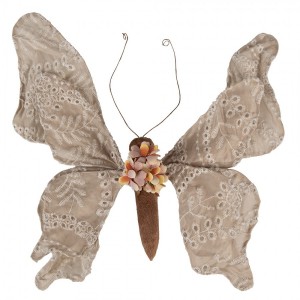 Béžová dekorace motýl na klipu zdobený výšivkou Butterfly - 33*6*31 cm