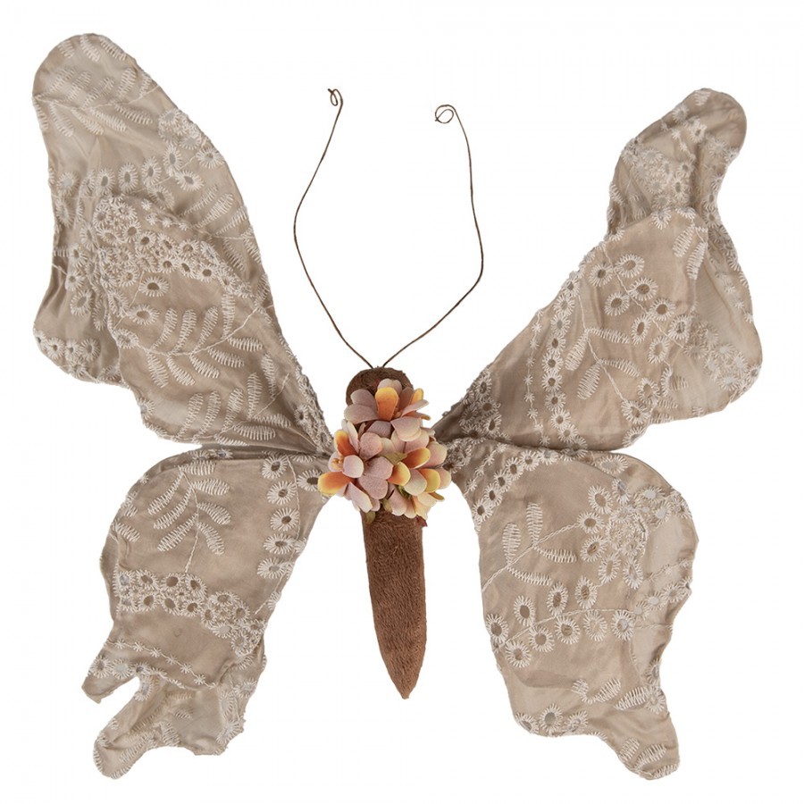 Béžová dekorace motýl na klipu zdobený výšivkou Butterfly - 33*6*31 cm