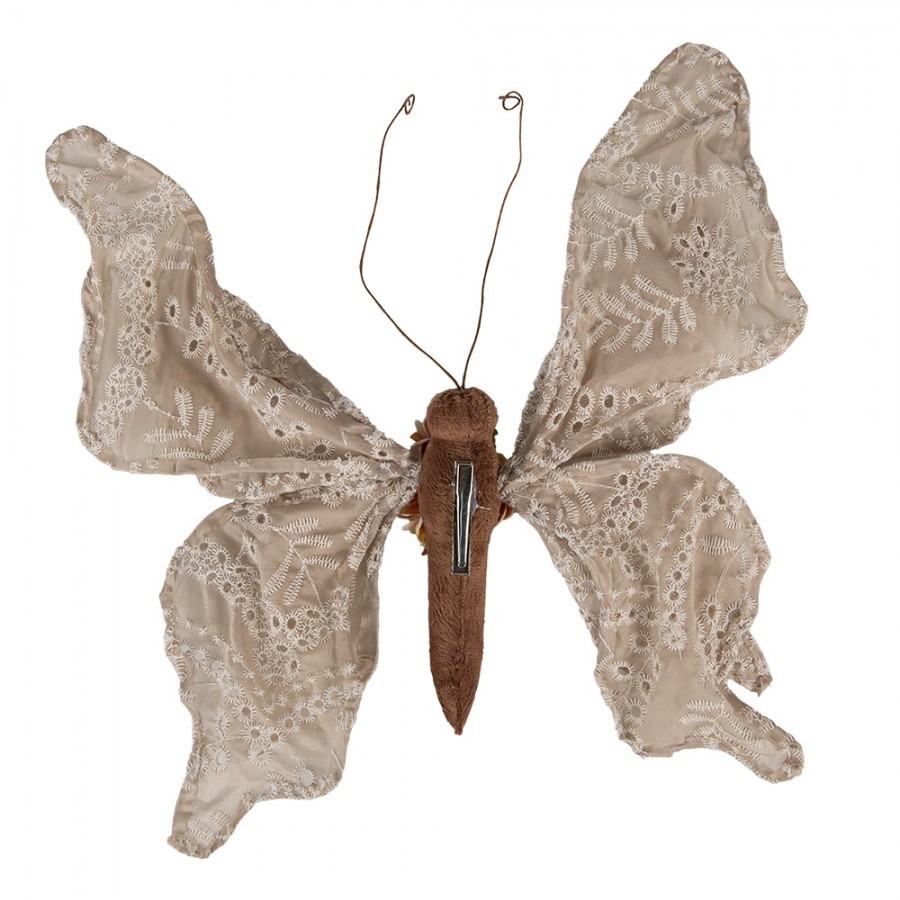 Béžová dekorace motýl na klipu zdobený výšivkou Butterfly - 33*6*31 cm