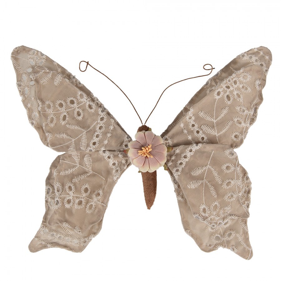 Béžová dekorace motýl na klipu zdobený výšivkou Butterfly - 28*4*22 cm