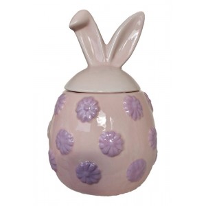 Růžová keramická dóza vajíčko s květy a oušky Rabbi - Ø 10*15 cm