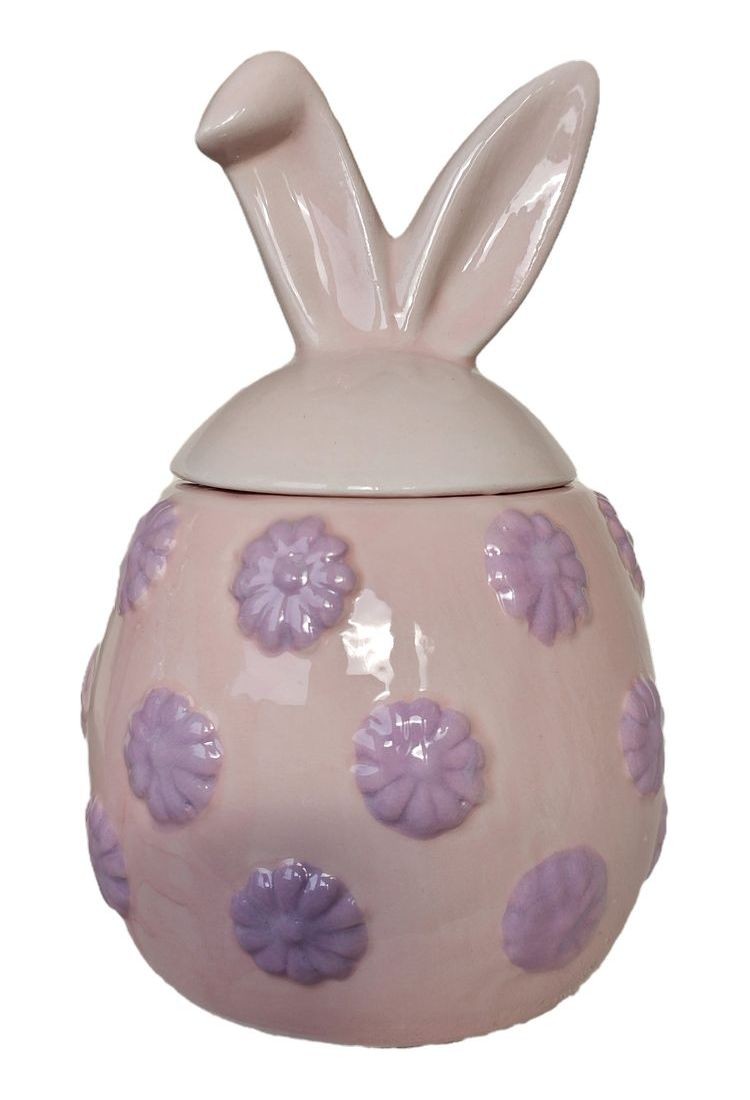 Růžová keramická dóza vajíčko s květy a oušky Rabbi - Ø 10*15 cm