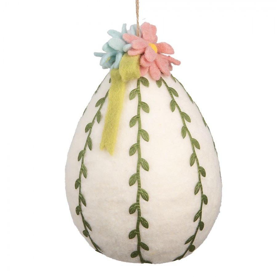 Bílá závěsná dekorace plstěné vajíčko s květy - Ø 18 * 27 cm