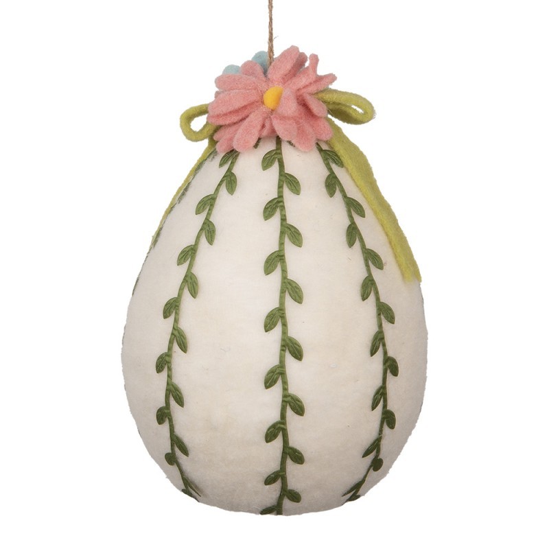 Bílá závěsná dekorace plstěné vajíčko s květy - Ø 18 * 27 cm