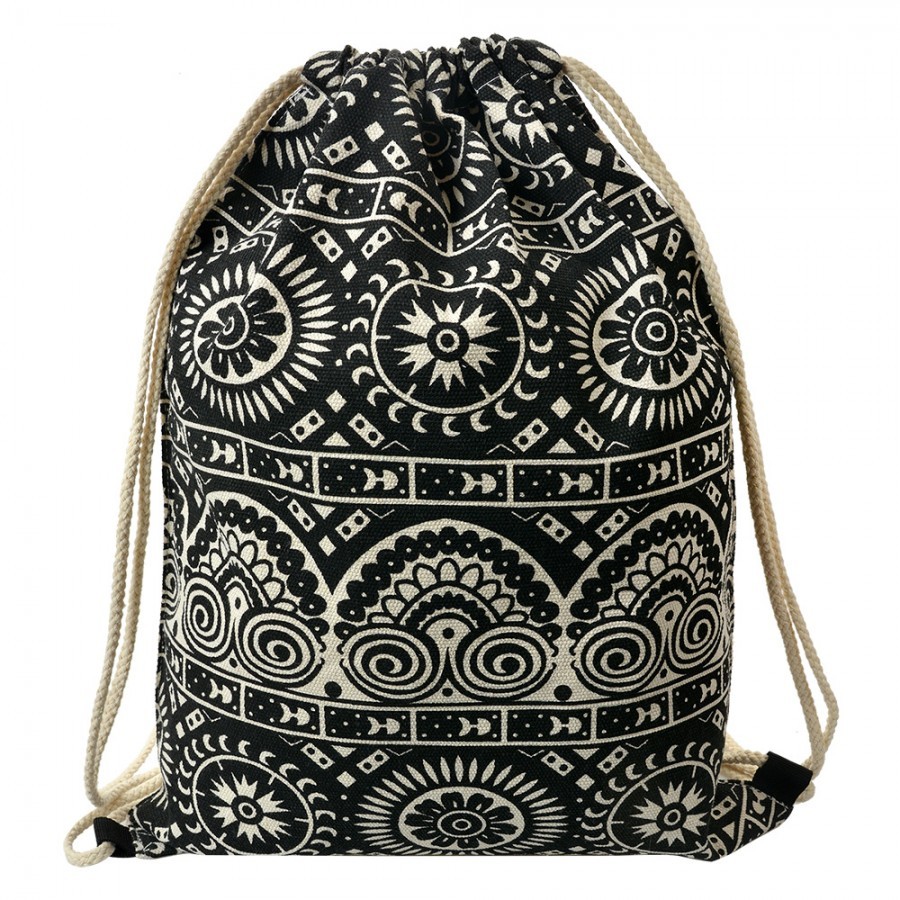 Černý látkový batoh na záda s ornamenty - 34*1*43 cm