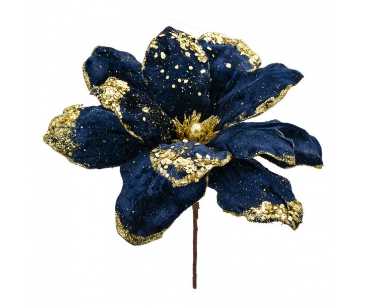 Modro-zlatá dekorace květina vánoční hvězda Poinsettia - Ø 24*27 cm Clayre & Eef