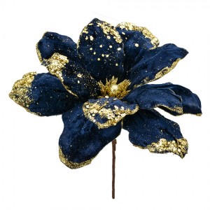Modro-zlatá dekorace květina vánoční hvězda Poinsettia - Ø 24*27 cm