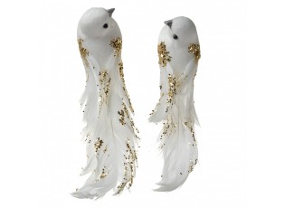 2ks bílá dekorace ptáček s peříčky a třpytkami na klipu - 15*8*5 cm