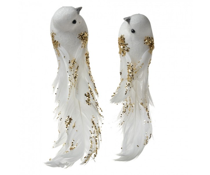 2ks bílá dekorace ptáček s peříčky a třpytkami na klipu - 15*8*5 cm Clayre & Eef
