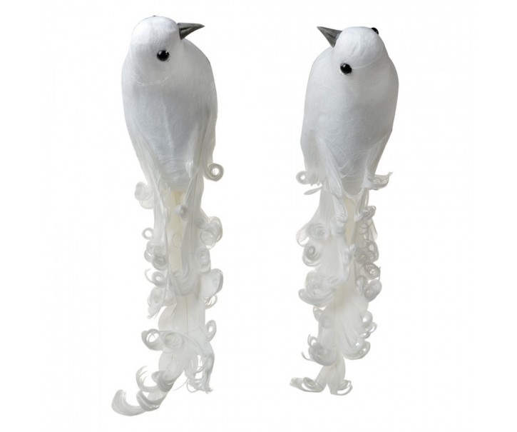 2ks bílá dekorace ptáček s peříčky na klipu - 19*9*10 cm Clayre & Eef