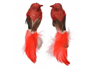 2ks červená dekorace ptáček s peříčky na klipu - 16*5*5 cm