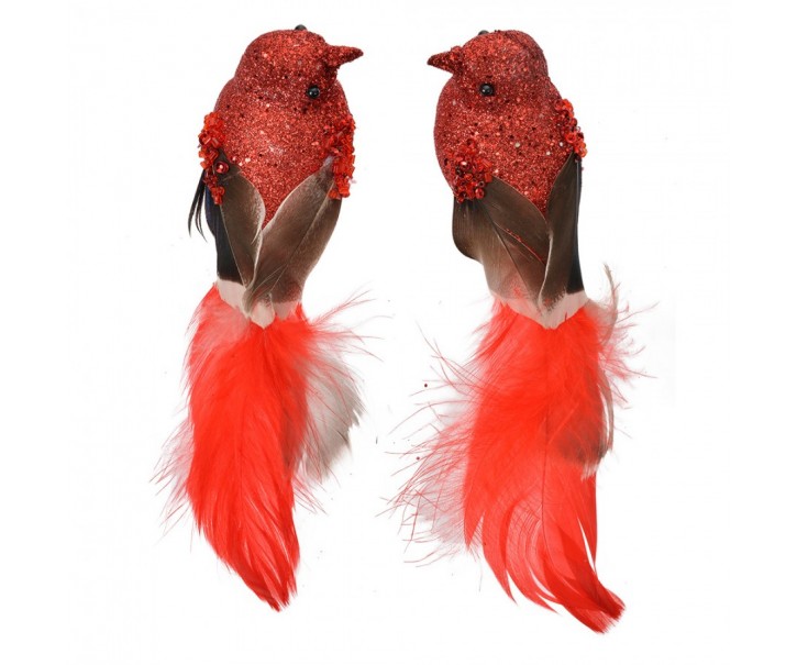 2ks červená dekorace ptáček s peříčky na klipu - 16*5*5 cm Clayre & Eef