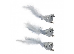 3ks stříbrná dekorace ptáček s peříčky na klipu - 12*3*4 cm