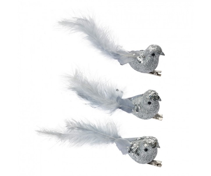 3ks stříbrná dekorace ptáček s peříčky na klipu - 12*3*4 cm Clayre & Eef