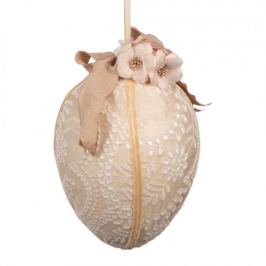 Béžové závěsné vajíčko s výšivkou a mašlí Fancy - Ø 20*28 cm