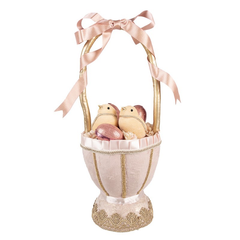 Růžová dekorace košík s vajíčky a kuřátky Fancy - Ø 20*47 cm