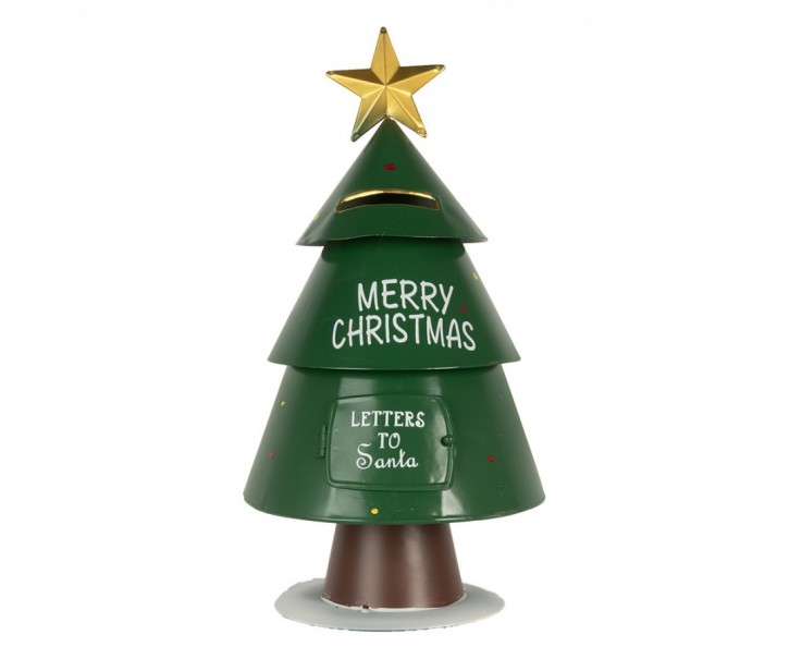Zelená kovová schránka ve tvaru stromku Letters to Santa - Ø 18*35 cm Clayre & Eef