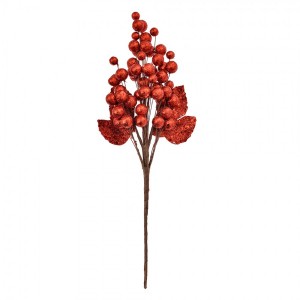 Vánoční červená umělá třpytivá větvička s bobulemi - 8*6*34 cm