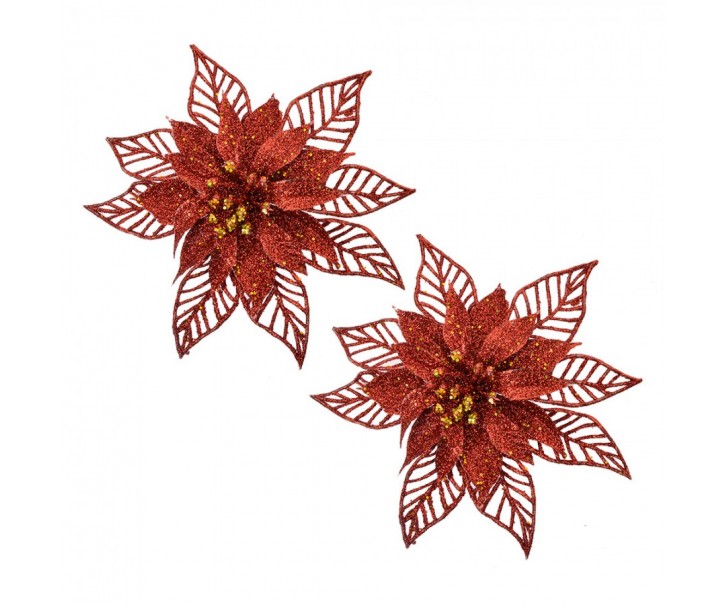 Christmas Ornament Set Of 2 Poinsettia 15 Cm Red Plastic - ? 15*2 cm Clayre & Eef