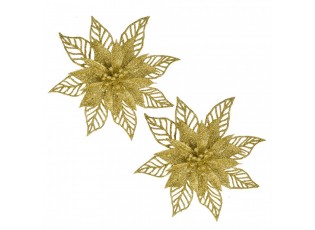 Christmas Ornament Set Of 2 Poinsettia 15 Cm Gold Colored Plastic - ? 15*2 cm