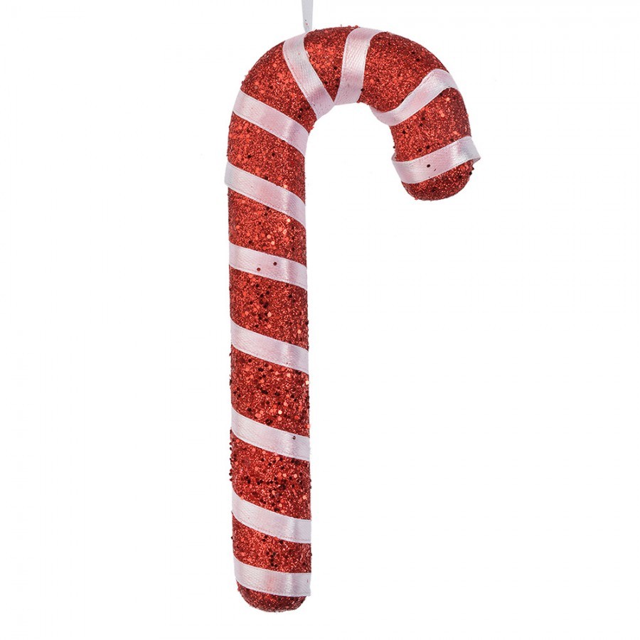 Červená třpytivá vánoční ozdoba cukrová hůlka s bílou stuhou - 8*2*17 cm