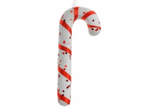 Bílá třpytivá vánoční ozdoba cukrová hůlka se stuhou - 7*2*17 cm