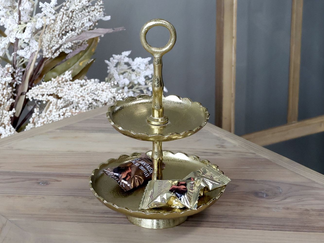 Mosazný antik dekorační kovový etažér Lace Brass - Ø 18*27 cm