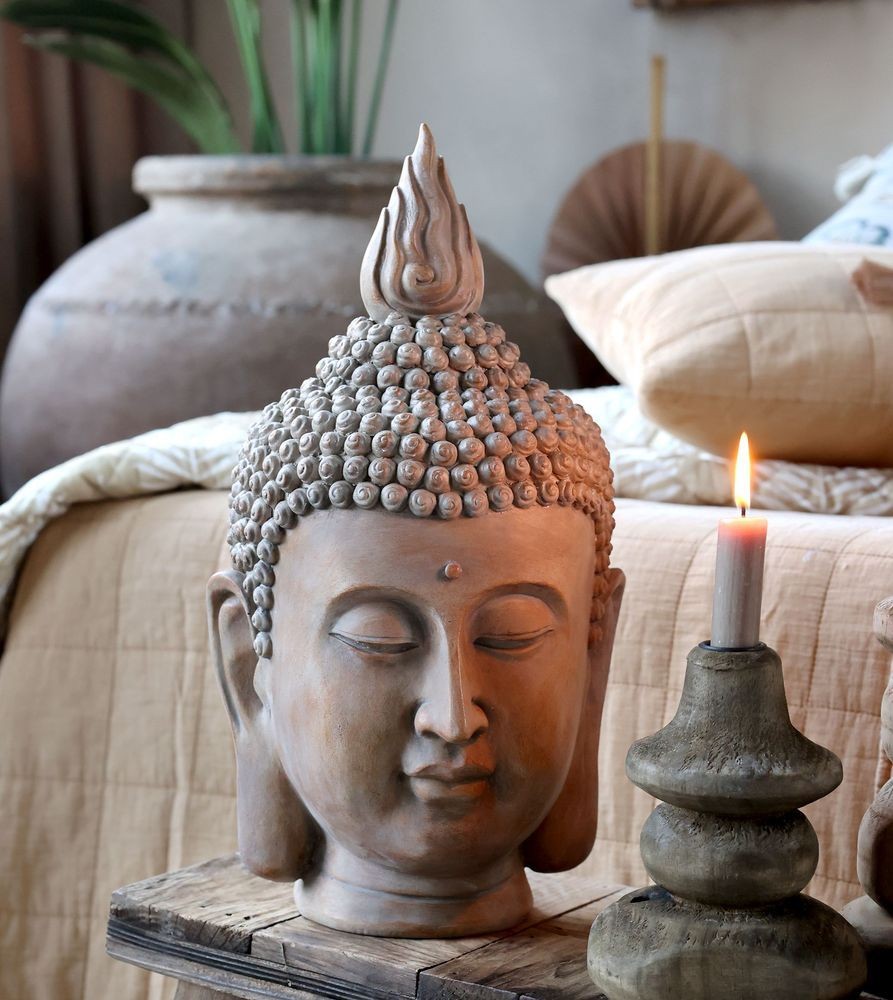 Béžová antik dekorace hlava Buddha - 21*22*40 cm