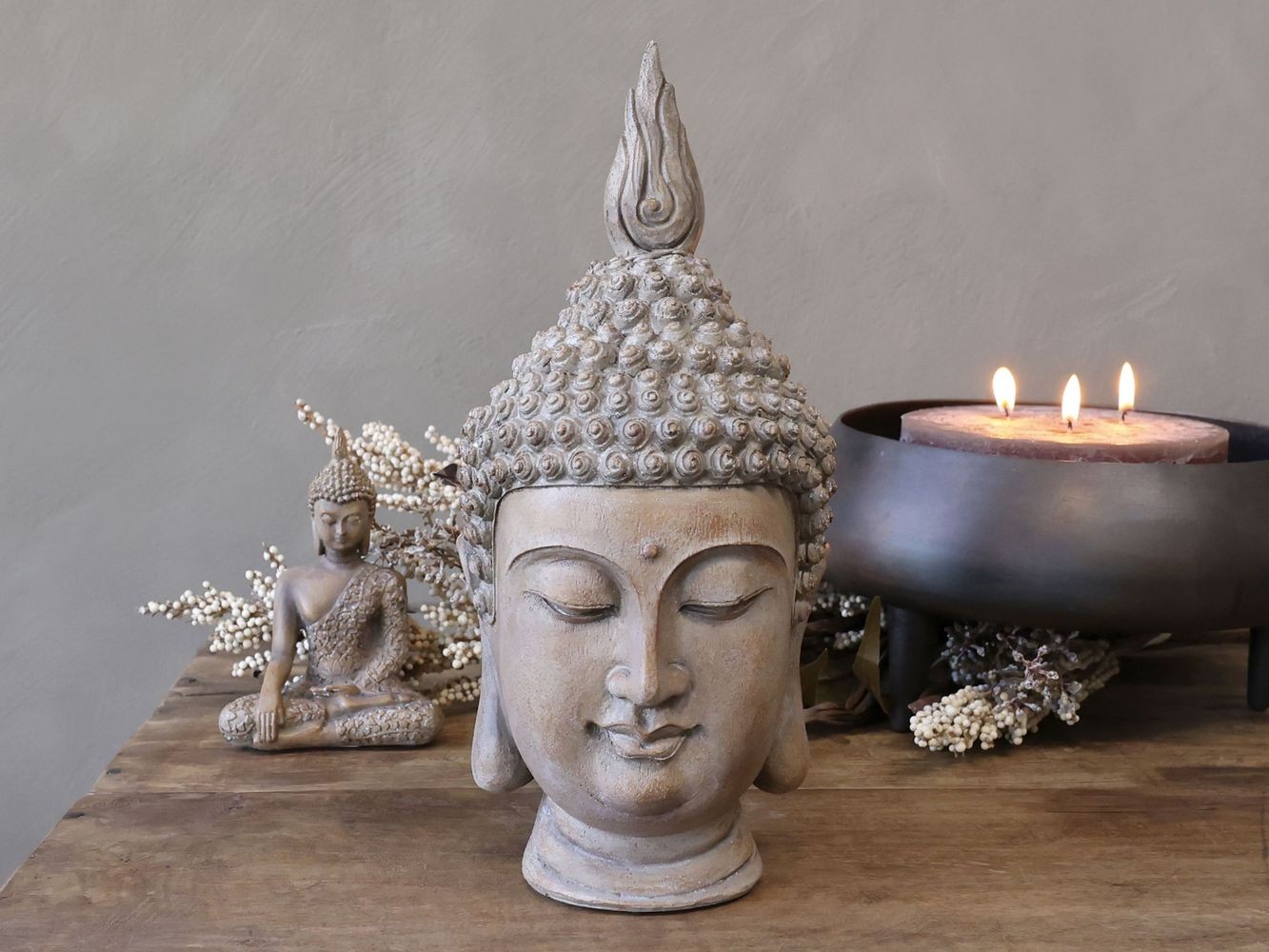 Béžová antik dekorace hlava Buddha - 11*15*28 cm