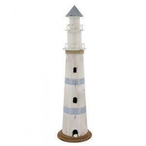 Bílo-modrá kovová dekorace maják s Led Lighthouse - Ø 17*61 cm