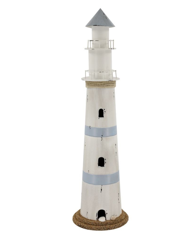 Bílo-modrá kovová dekorace maják s Led Lighthouse - Ø 17*61 cm