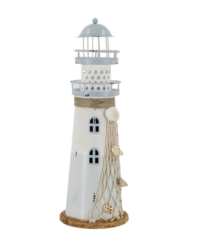 Bílo-modrá kovová dekorace maják s Led Lighthouse - Ø 10*28 cm