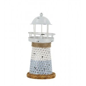Bílo-modrá kovová dekorace maják s Led Lighthouse - Ø 6,5*15 cm