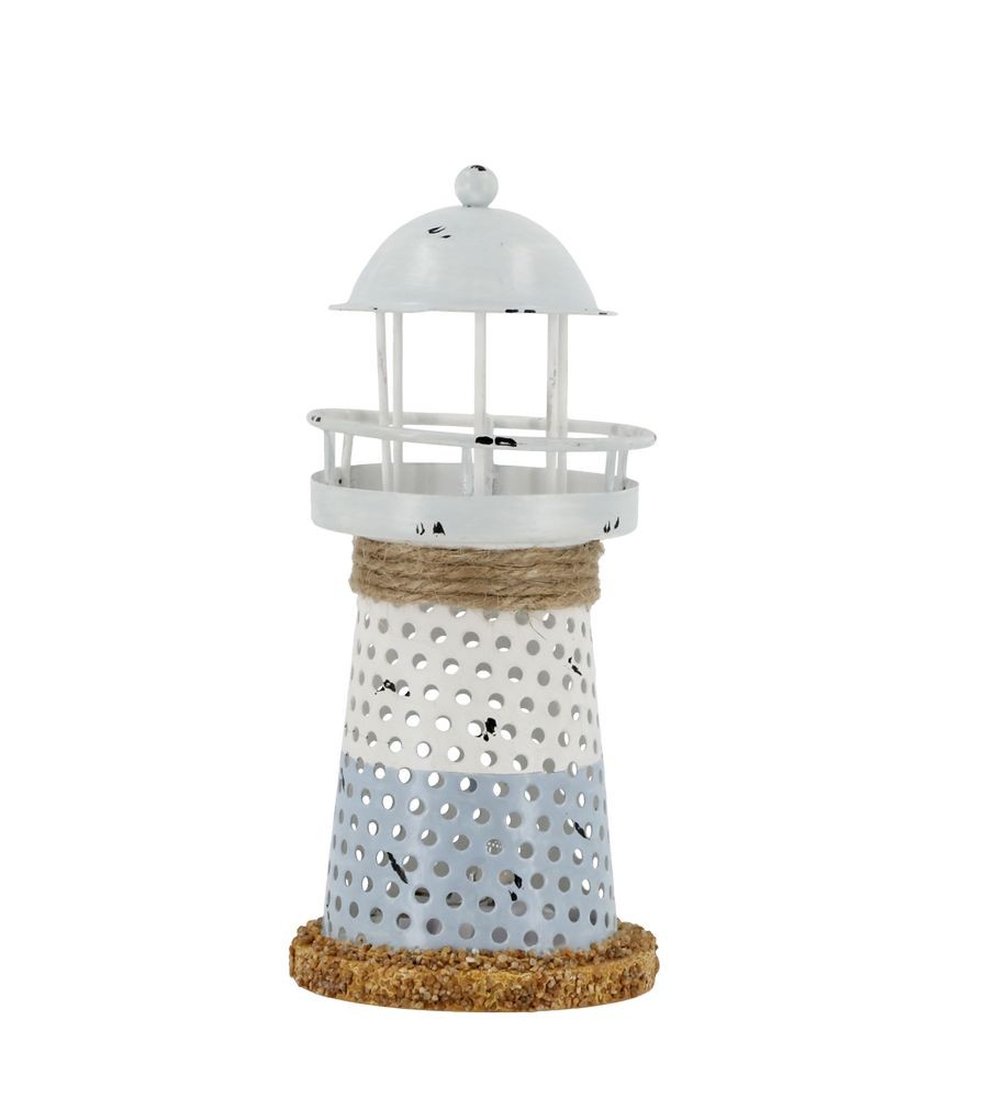 Bílo-modrá kovová dekorace maják s Led Lighthouse - Ø 6,5*15 cm