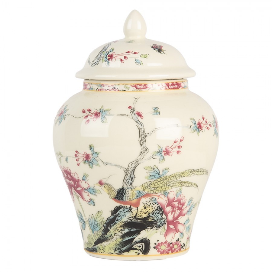 Béžová keramická váza s víčkem a květy Retro & Vintage - Ø 12*18 cm 6CE2141