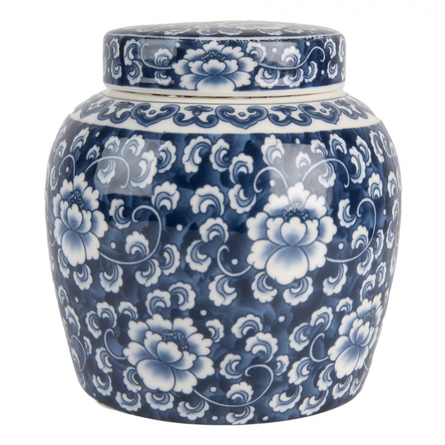 Modrá keramická váza s víčkem a květy Retro & Vintage - Ø 13*13 cm 6CE2138