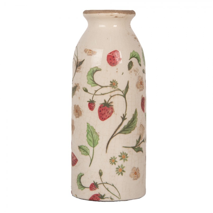 Béžová keramická váza s jahůdkami Wild Strawberries - Ø 8*20 cm 6CE2021