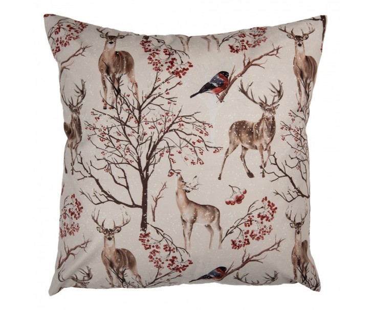 Béžový povlak na polštář s ptáčky a jeleny Deer Christmas - 45*45 cm