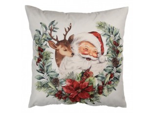 Bílý povlak na polštář Santa s jelínkem ve věnečku - 45*45 cm
