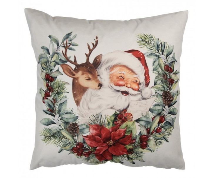 Bílý povlak na polštář Santa s jelínkem ve věnečku - 45*45 cm Clayre & Eef