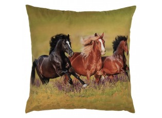 Zelený povlak na polštář s běžícími koňmi na louce - 45*45 cm